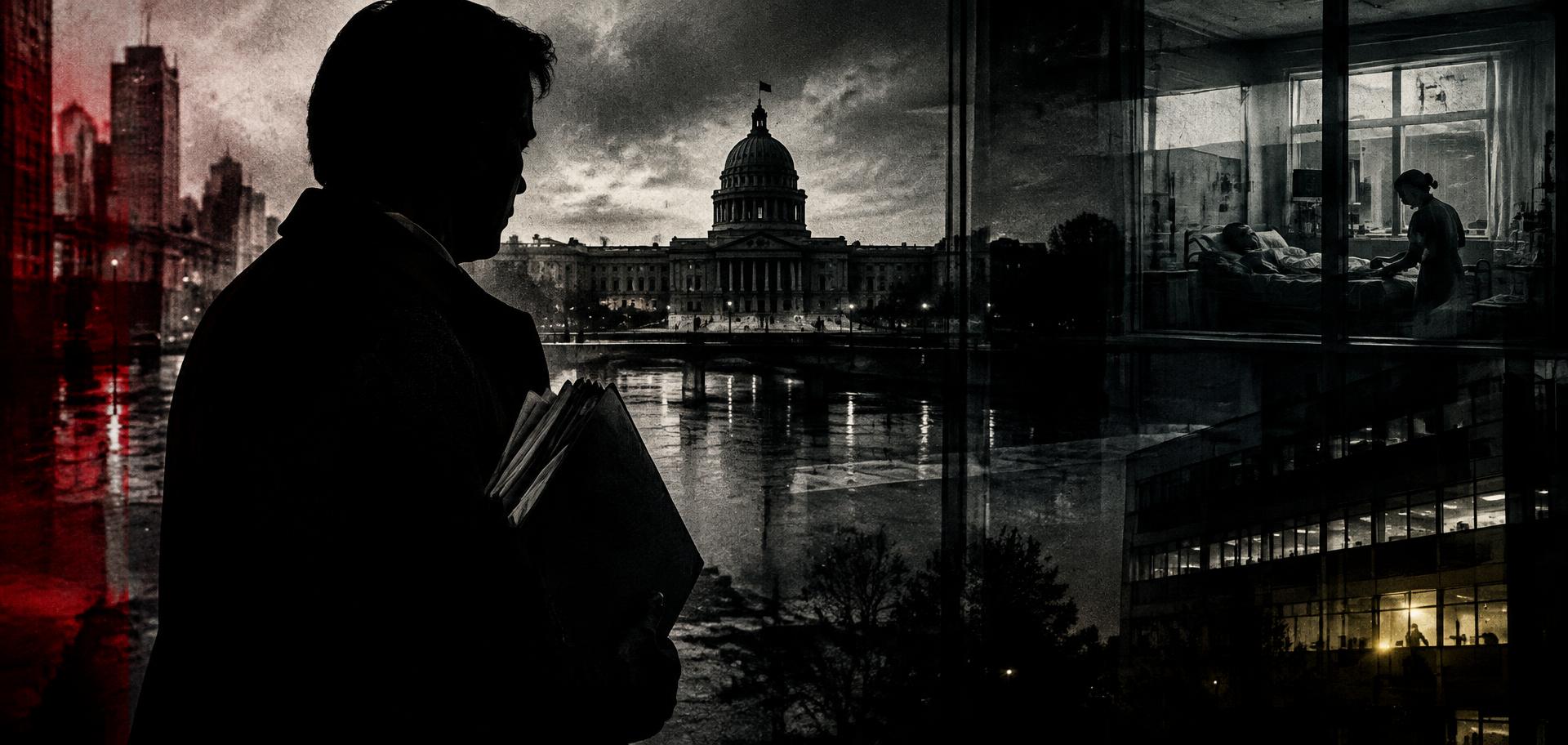 A silhouetted person holding documents against institutional buildings